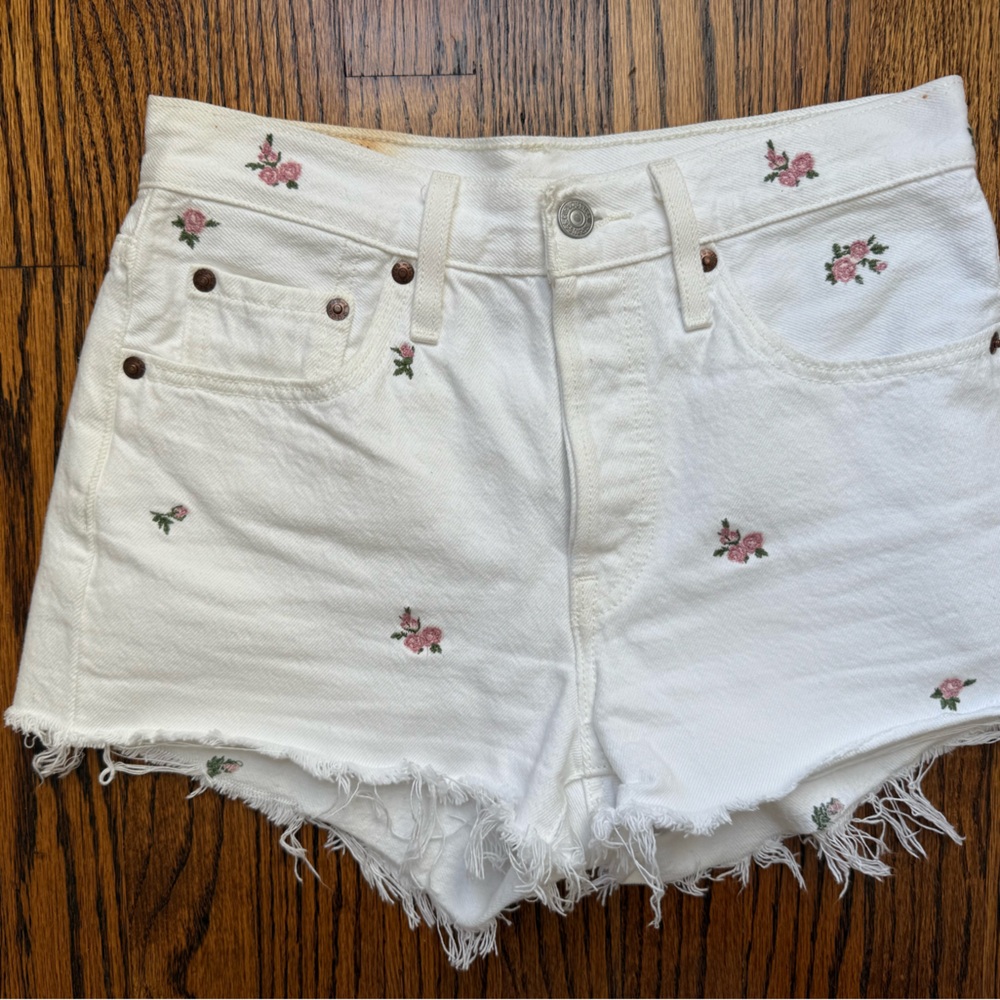 Levi's 501 White Floral Embroidered Jean Shorts